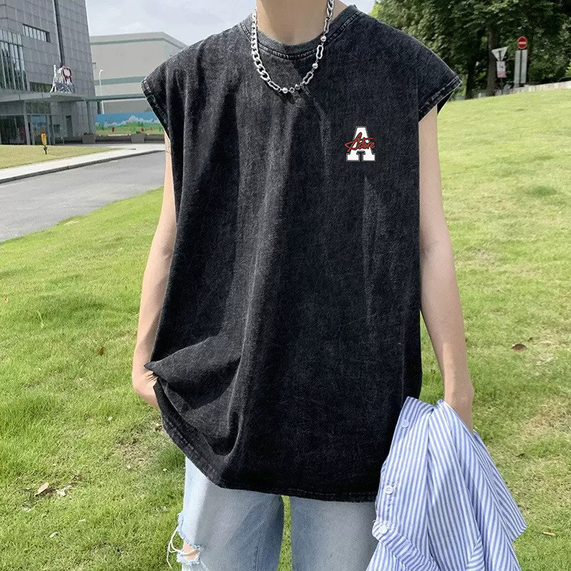 速发季士水洗做旧美式潮流重磅背心宽男款纯棉夏松无袖T恤运动马