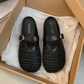 懒人一脚蹬洞洞渔网镂空透气包头拖时尚 女生 小香风休闲百搭半拖鞋