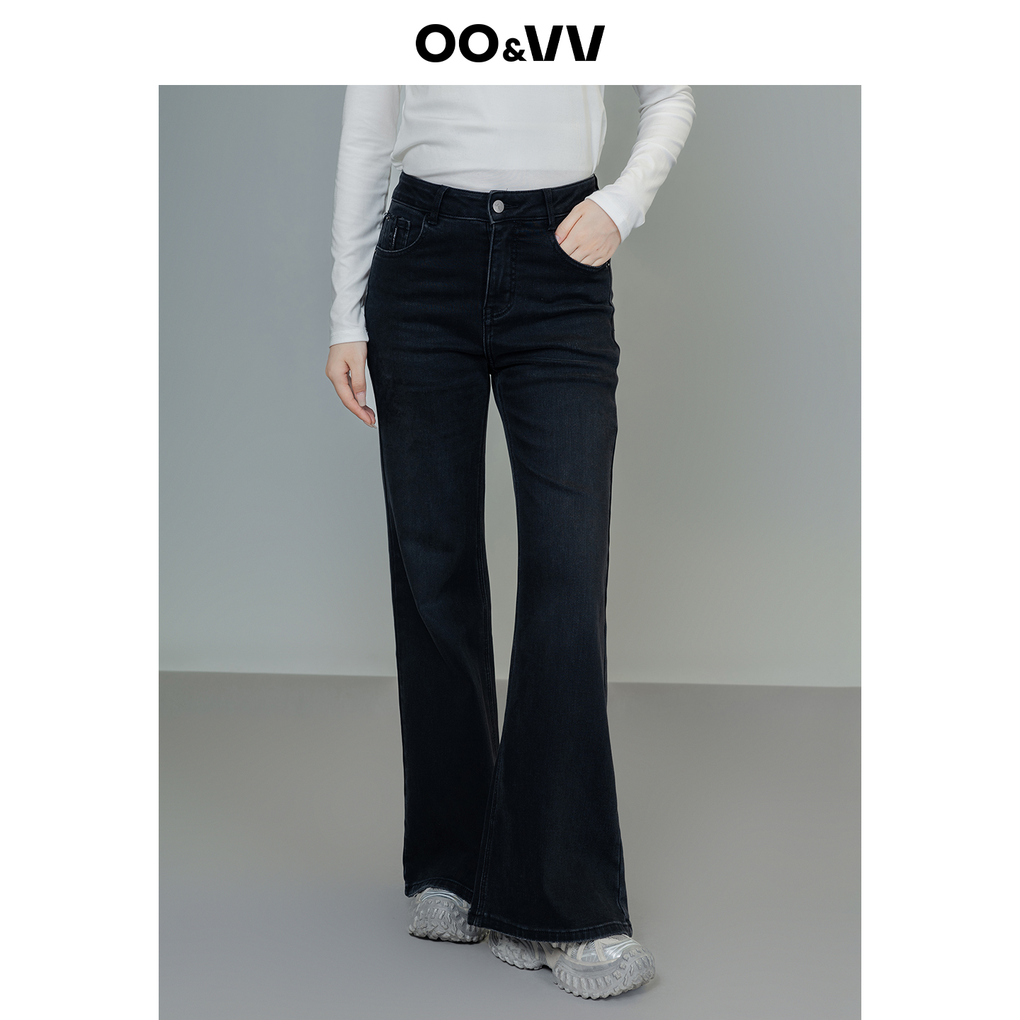 oo&vv高腰显瘦修身牛仔裤女25秋冬新款复古喇叭加厚微弹休闲裤子