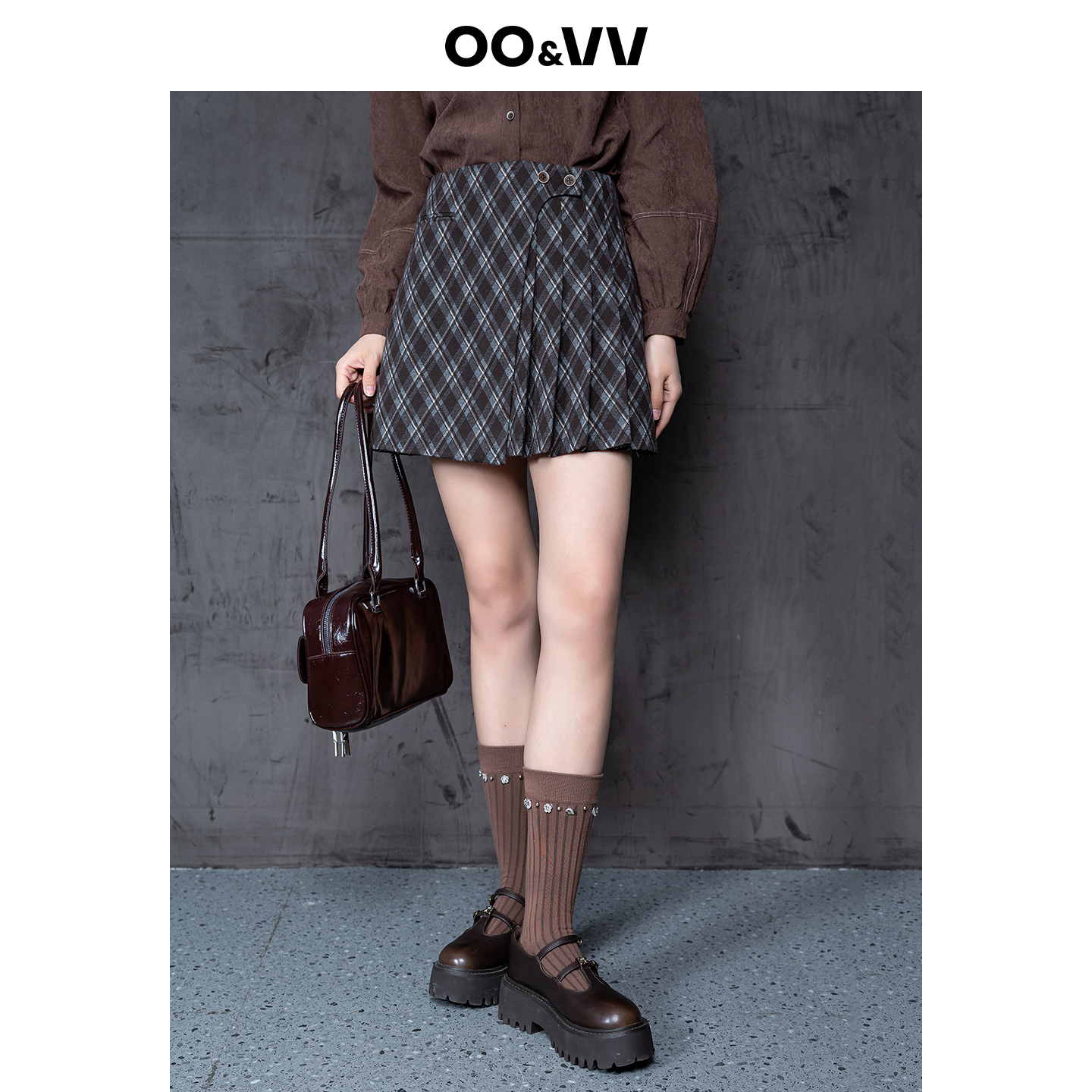 oo&vv2025秋冬季新款格纹设计感半身裙女收腰直筒A字半褶提臀显高