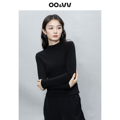 oo&vv黑色半高领简约打底针织衫女2025秋新修身显瘦内搭长袖上衣