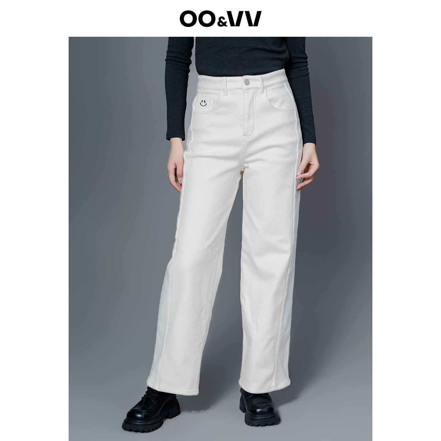 oo&vv加绒宽松潮流牛仔九分裤女2025秋冬新款时尚简约纯色直筒裤