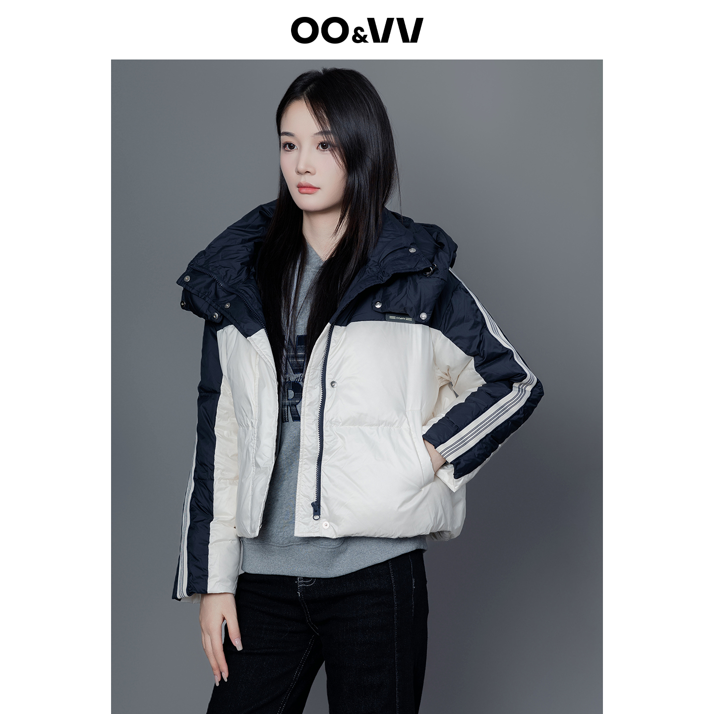 oo&vv拼色连帽羽绒服女2025冬新款宽松加厚保暖面包服外套上衣
