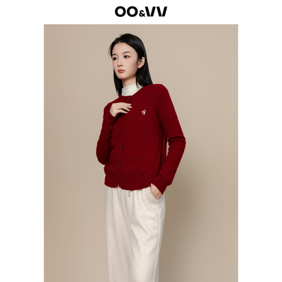 oo&vv时尚刺绣羊毛呢针织开衫女25秋冬新款显瘦通勤长袖毛衣外套