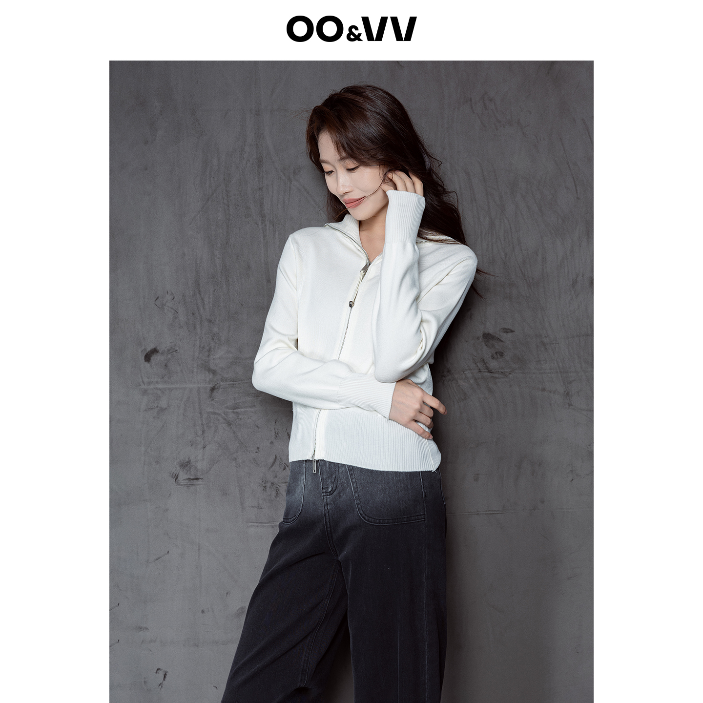 oo&vv纯色双拉链大翻领天丝针织开衫女25秋新修身立体剪裁小外套