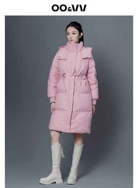 oo&vv甜美粉色连帽立领羽绒服25冬装新款甜美显瘦长外套保暖加厚