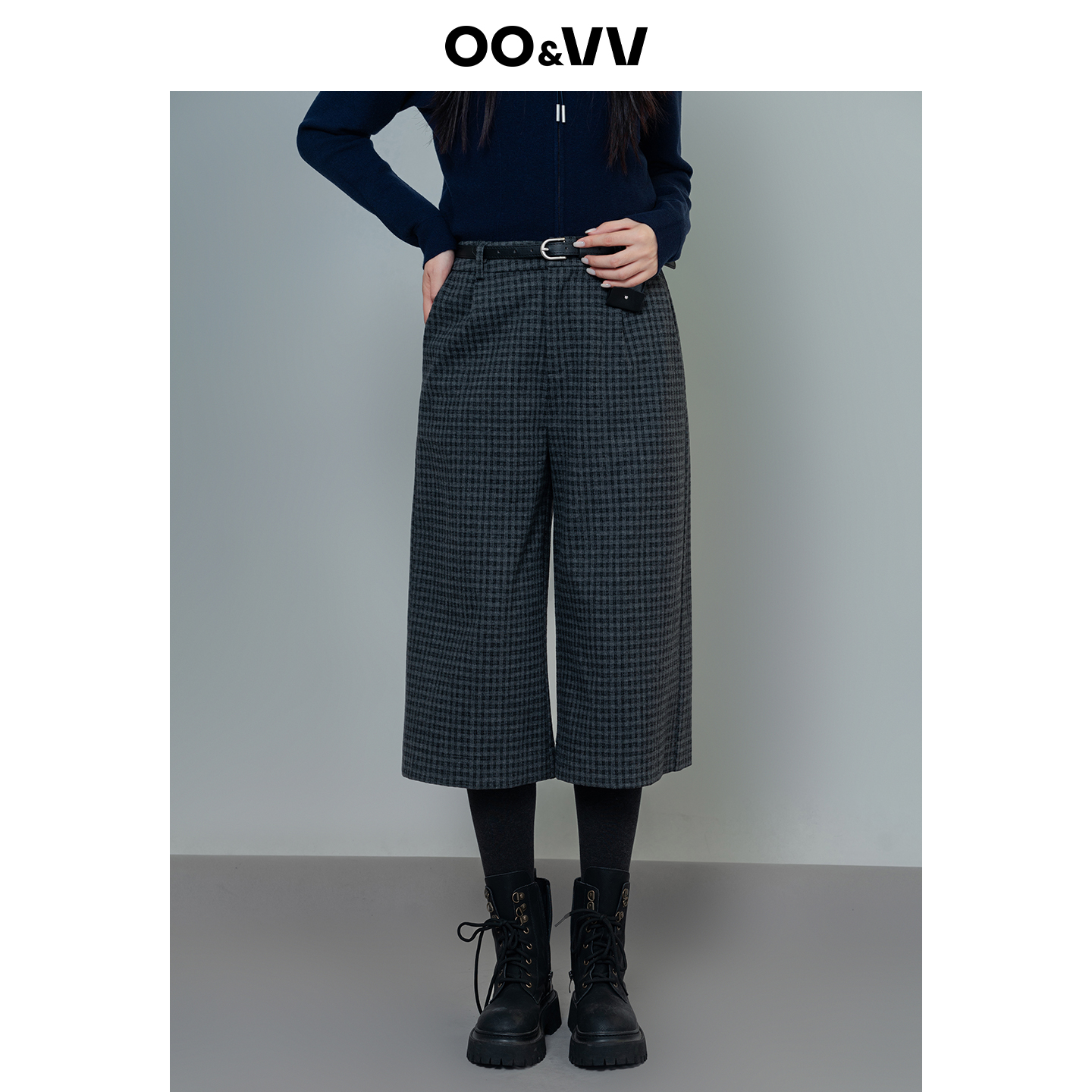 oo&vv千鸟格七分裤直筒加厚女裤25秋冬高腰显瘦宽松小个子休闲裤