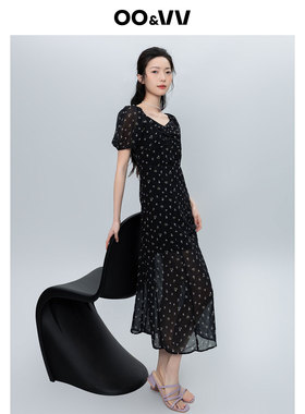 oo&vv高级感紫色小花黑色连衣裙女2025夏新款气质开叉长款连衣裙