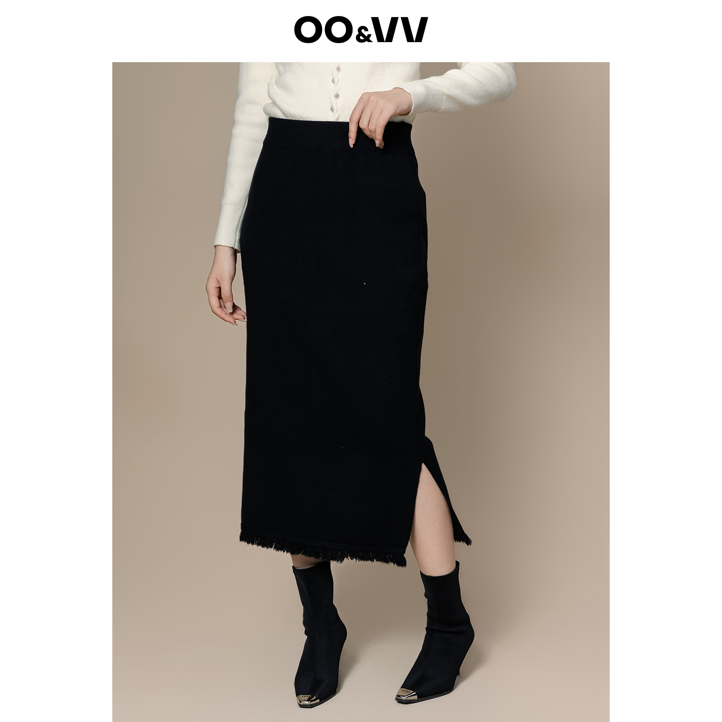 oo&vv纯色流苏边毛须半身裙秋冬女2025新款高腰侧开叉修身鱼尾裙