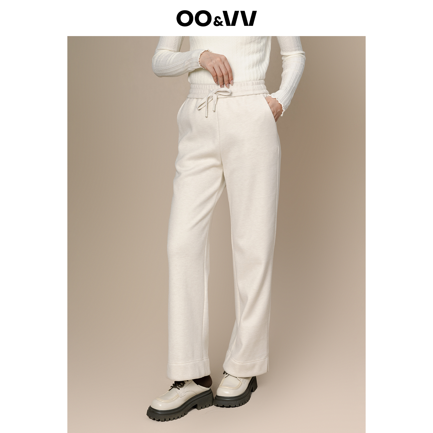 oo&vv新款通勤宽松显瘦休闲卫裤女25秋冬高腰系带直筒阔腿条绒裤
