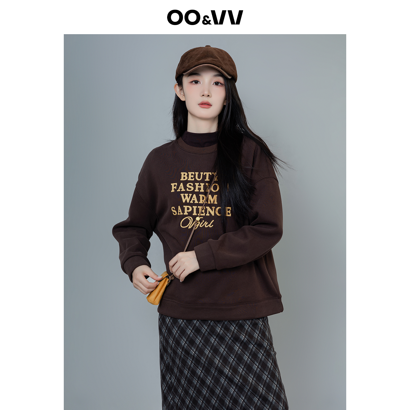 oo&vv韩版宽松休闲卫衣女25秋冬新款刺绣保暖长袖上衣配斜跨小包