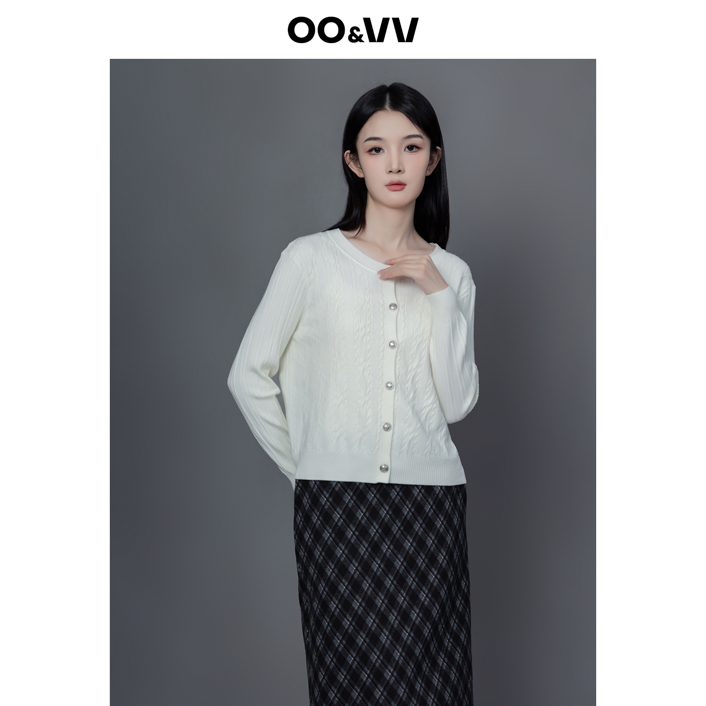 oo&vv时尚圆领针织开衫女