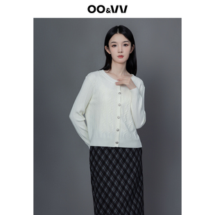 oo&vv时尚钩花圆领针织开衫女2025秋冬新款单排扣休闲上衣外套