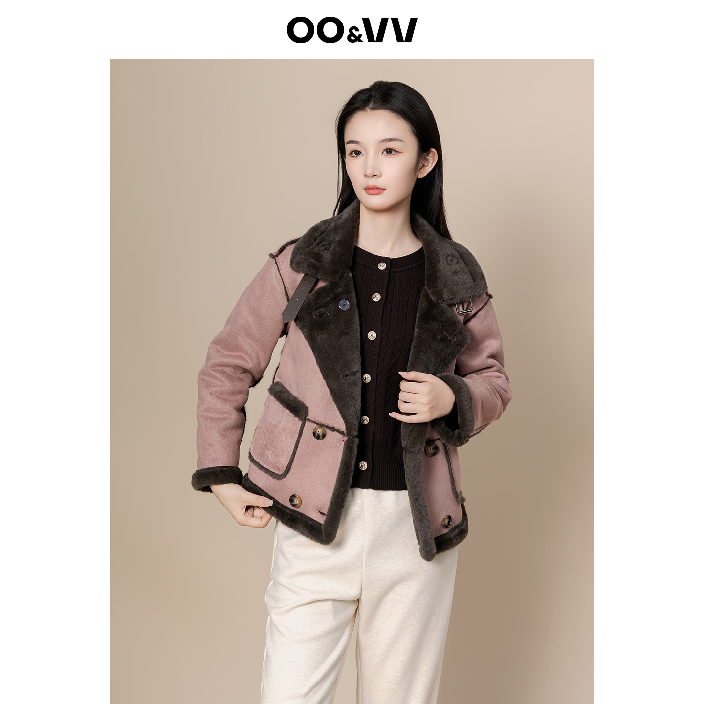 oo&vv皮毛一体仿羊羔毛加厚外套女短款冬装25年新款保暖休闲上衣