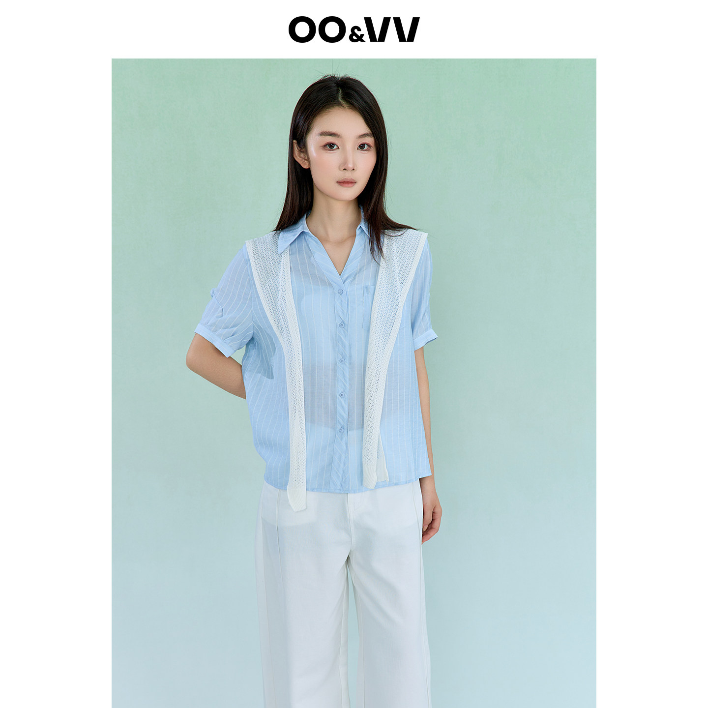 oo&vv蓝色条纹翻领短袖衬衫女+蕾丝镂空坎肩2件套2026夏微透T恤新