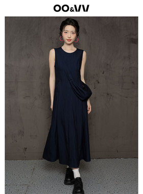 oo&vv无袖连衣裙女2025夏新款宽松休闲设计感显瘦A字裙高级感蓝色