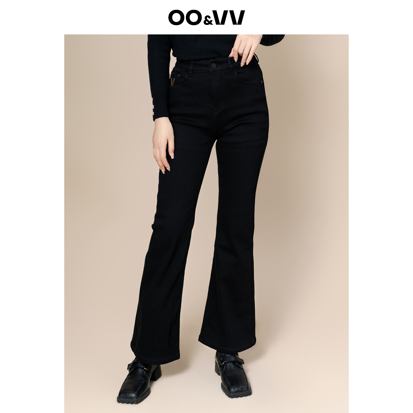 oo&vv黑色加绒显瘦提臀喇叭牛仔裤女2025秋冬新款修身九分休闲裤