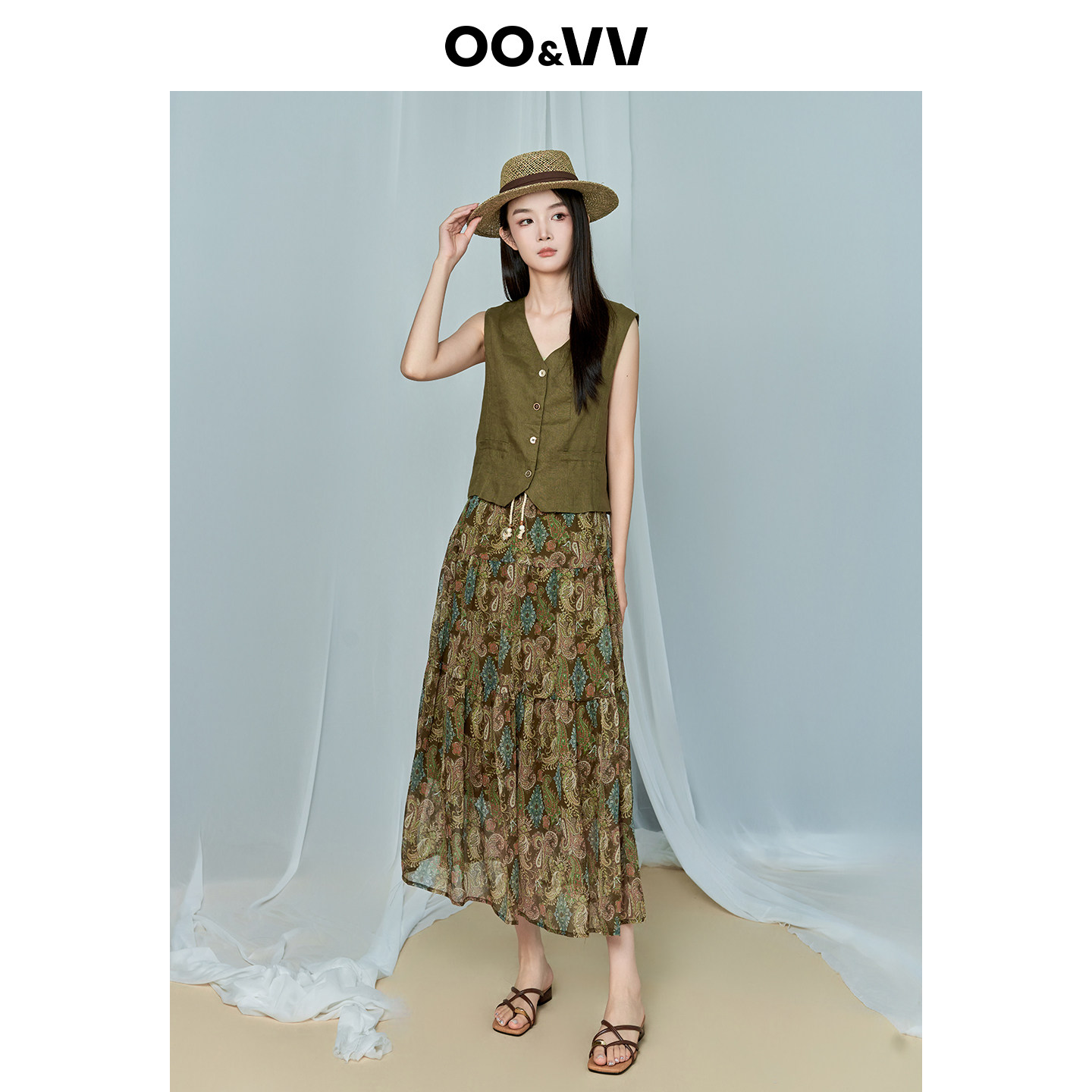 oo&vv亚麻无袖背心马甲+复古繁花半身裙两件套女26夏新款气质套装