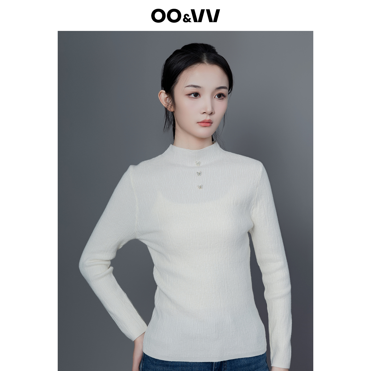 oo&vv镶钻装饰修身好看纯色打底衫毛衣女2025秋冬内搭半高领上衣