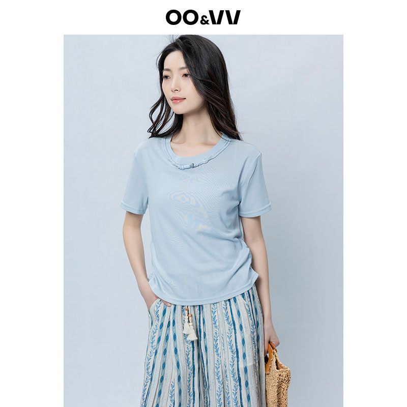 oo&vv设计感串珠圆领短袖T恤女2025夏新款修身显纯色休闲上衣新