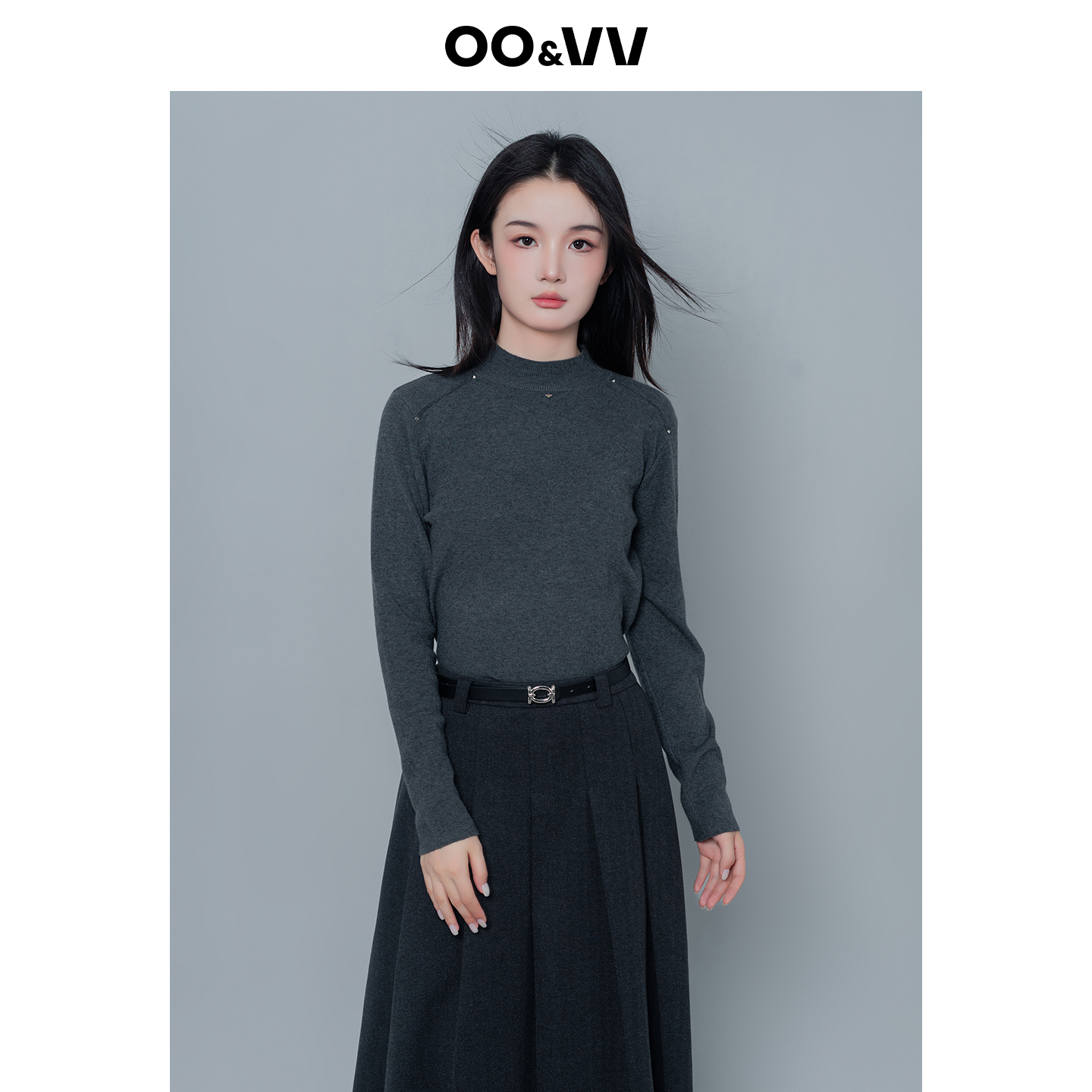 oo&vv半高领打底衫女25秋冬新款内搭针织衫修身显瘦长袖微透上衣