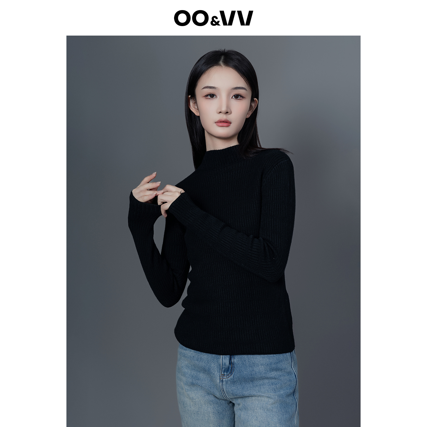 oo&vv黑色半高领修身针织衫女25秋冬新款内搭柔软打底衫毛衣上衣