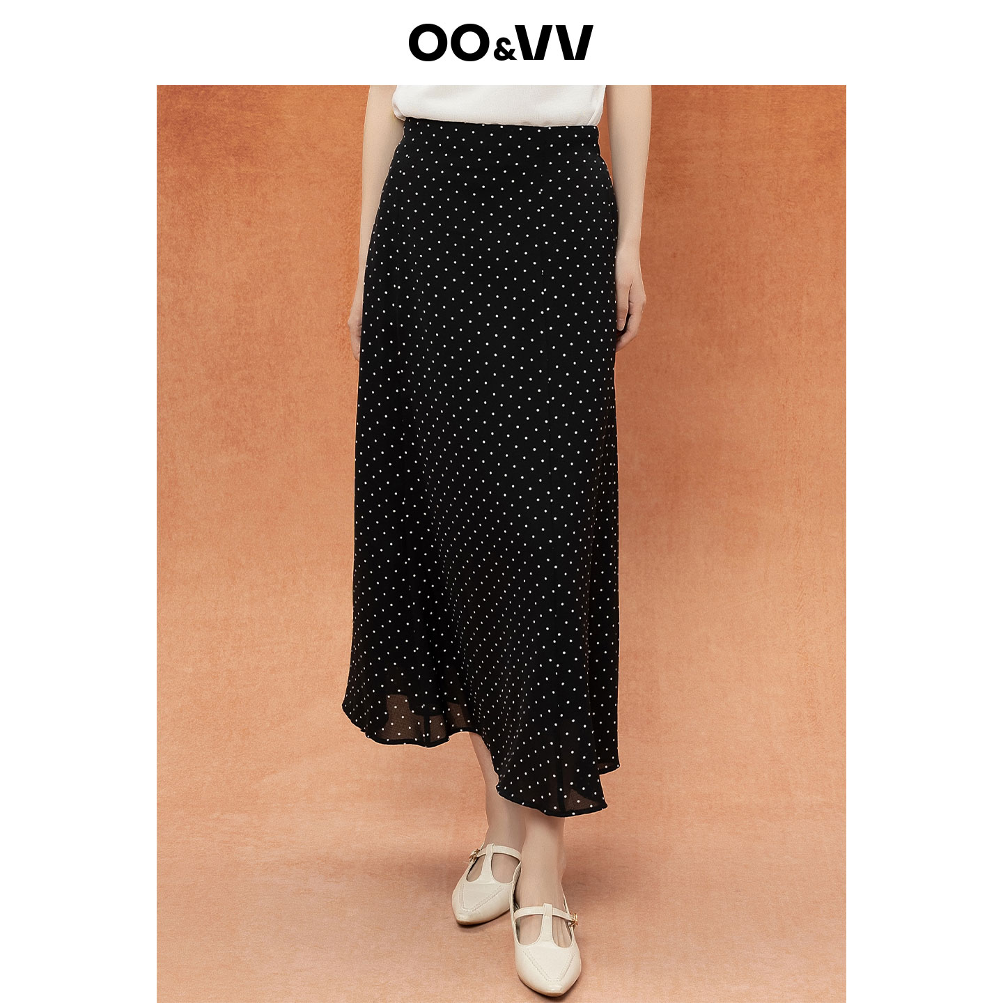 oo&vv时尚波点高腰半身裙女2025夏新款气质显瘦百搭中长款a字裙子