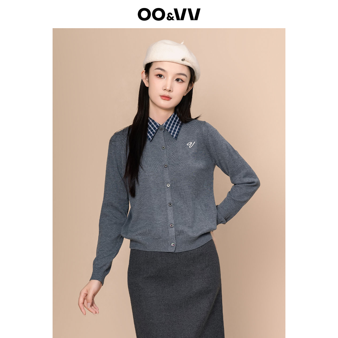 oo&vv设计感假两件拼接针织衫女25秋冬新款时尚简约通勤毛衣打底