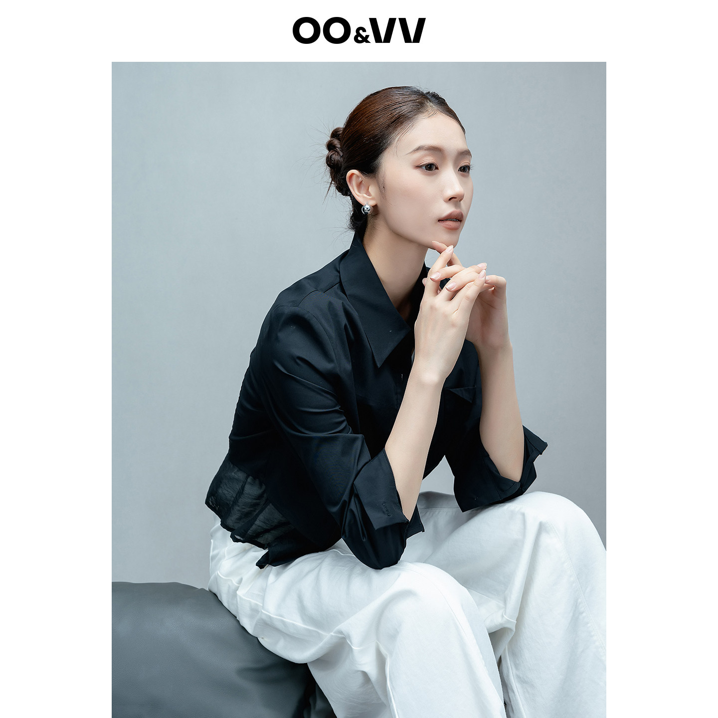 oo&vv黑色翻领长袖衬衫女2026春秋拼接透视棉质天丝开衫OL风正装