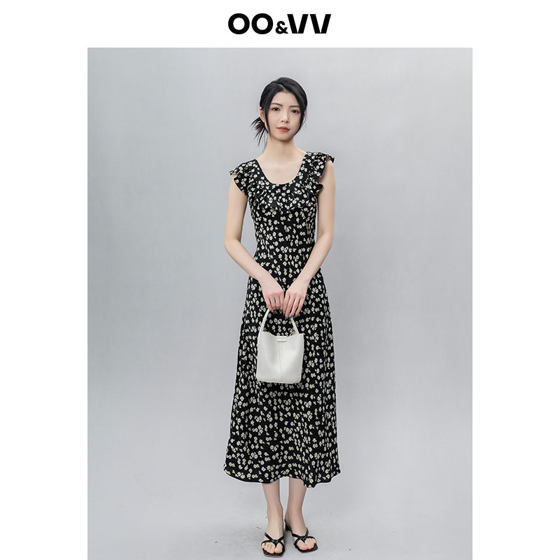 oo&vv碎花无袖连衣裙女2025夏新款甜美淑女修身荷叶边裙子新显高