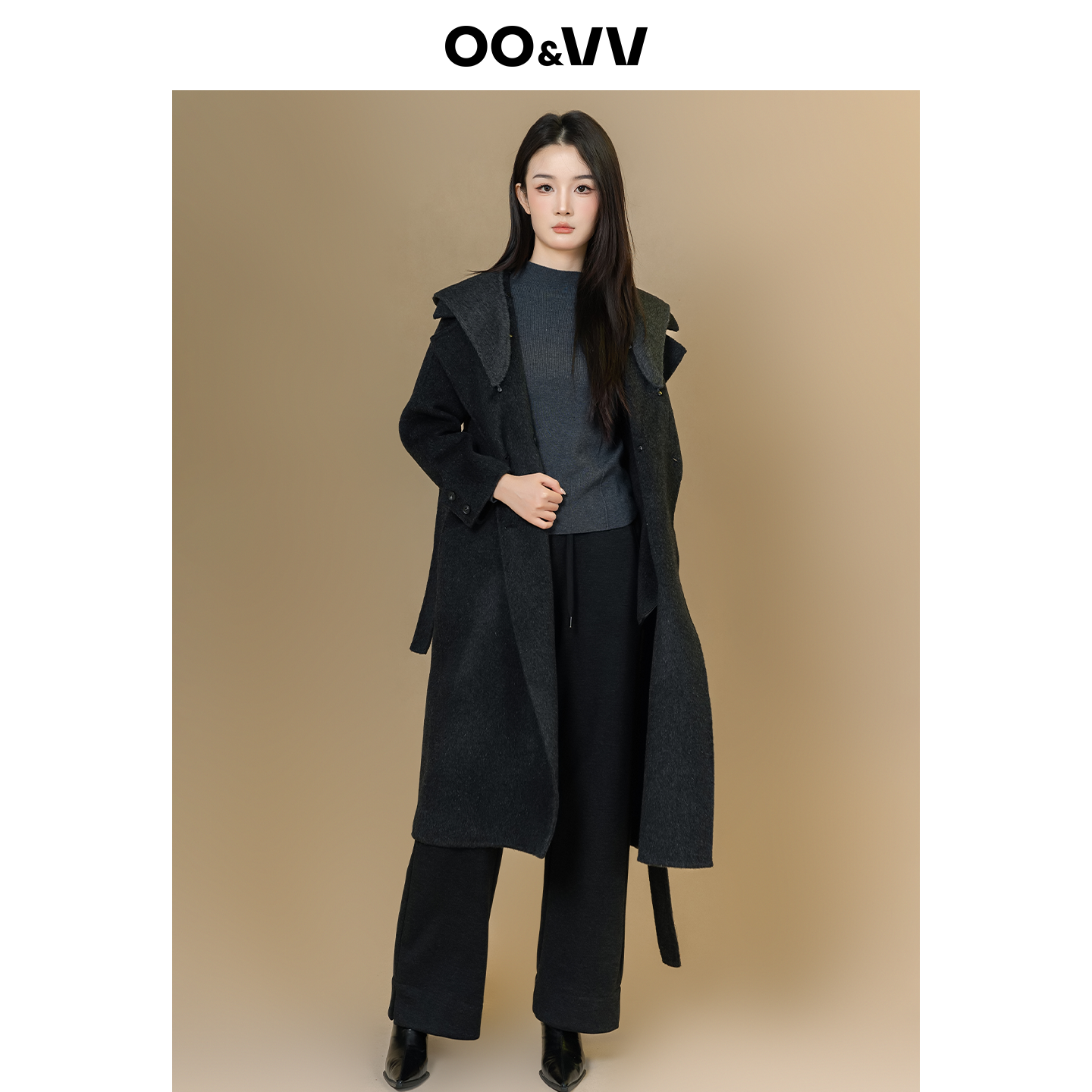 oo&vv轻奢优雅风黑色长款毛呢大衣女冬系带收腰气质显瘦连帽外套,女装/女士精品,毛呢外套,淘宝优惠券,粉丝福利购,淘宝优惠卷