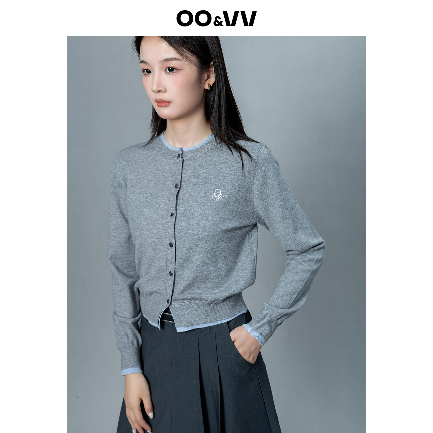 oo&vv秋冬针织开衫拼接假两件宽松毛衣女2025新款单排扣圆领上衣
