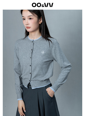 oo&vv早春针织开衫拼接假两件宽松毛衣女2026新款单排扣圆领上衣