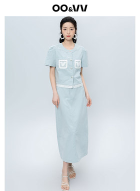 oo&vv小香风拼接2件套裙女2026夏新名媛高端时尚娃娃领上衣半身裙