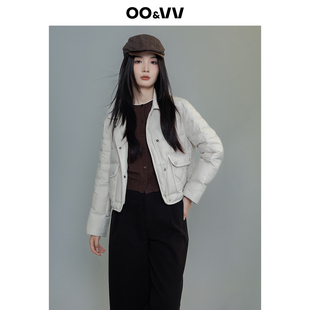 oo&vv小香风菱形短款轻薄羽绒服女25冬翻领工装口袋白色保暖外套