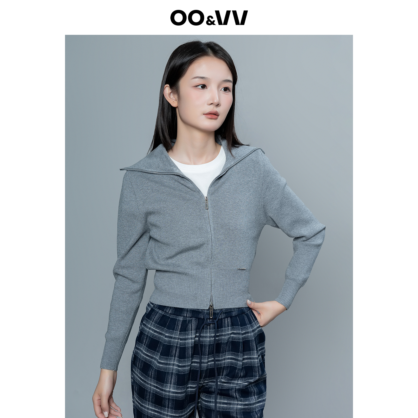 oo&vv灰色翻领针织开衫女2025秋新款修身显瘦百搭双拉链毛衣外套