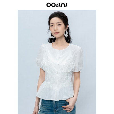 oo&vv蕾丝拼接短袖衬衫女2025夏新款圆领修身显瘦百搭上衣薄款