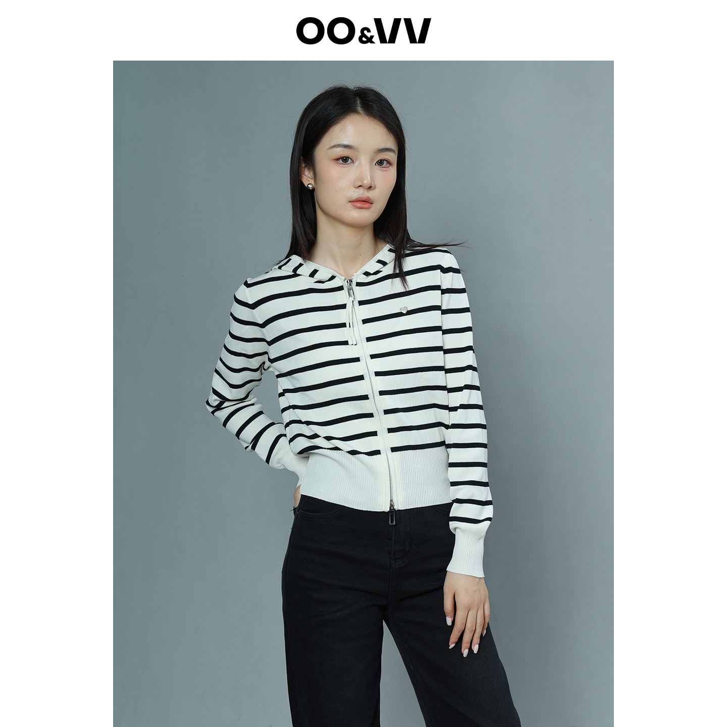 oo&vv黑白条纹连帽针织开衫女25秋季新款百搭气质显瘦高级感收腰