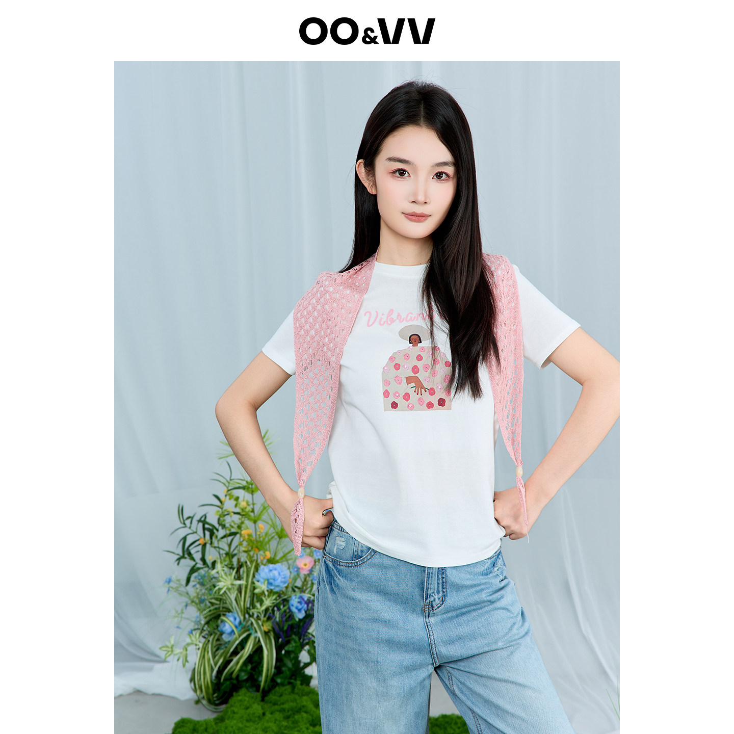 oo&vv镂空针织钩花披肩+时尚简约印花短袖T恤女2026夏白色薄新款