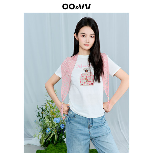oo&vv镂空针织钩花披肩+时尚简约印花短袖T恤女2026夏白色薄新款