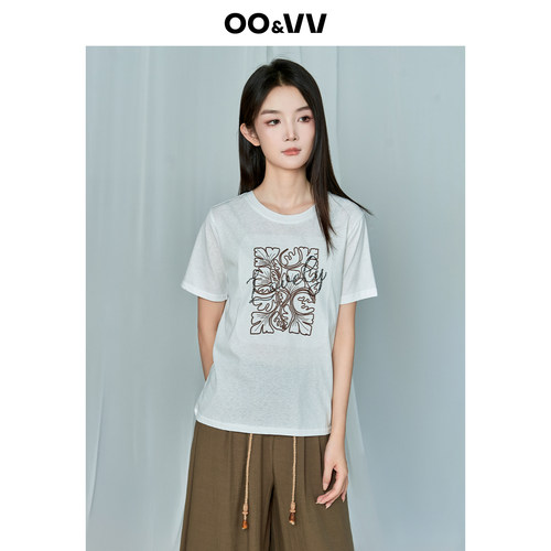 oo&vv复古繁华刺绣短袖T恤女2026夏新款圆领白色简约百搭舒适衬衫