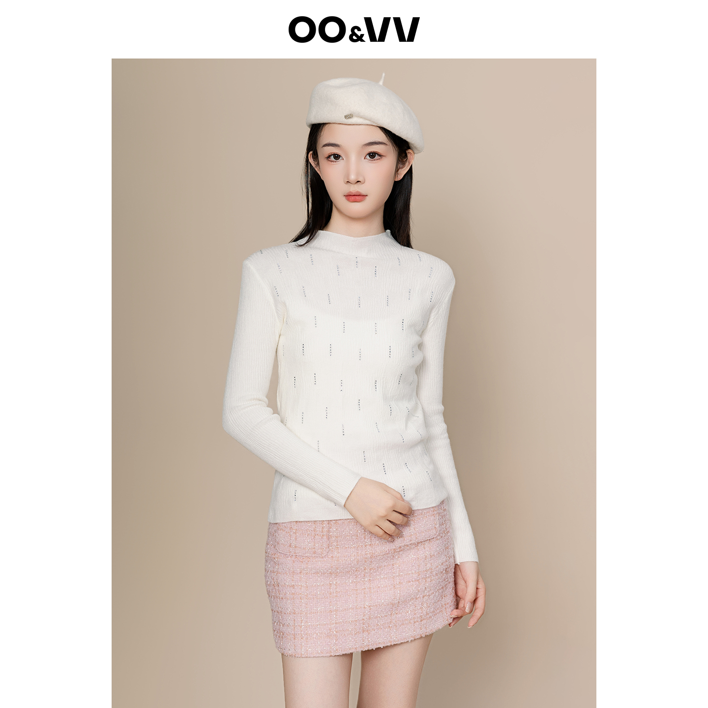 oo&vv舒适保暖圆领镶钻打底衫女内搭2025秋冬新款高级感纯色毛衣