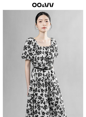 oo&vv设计感印花天丝连衣裙女2025夏新款气质显瘦短袖收腰A字裙子
