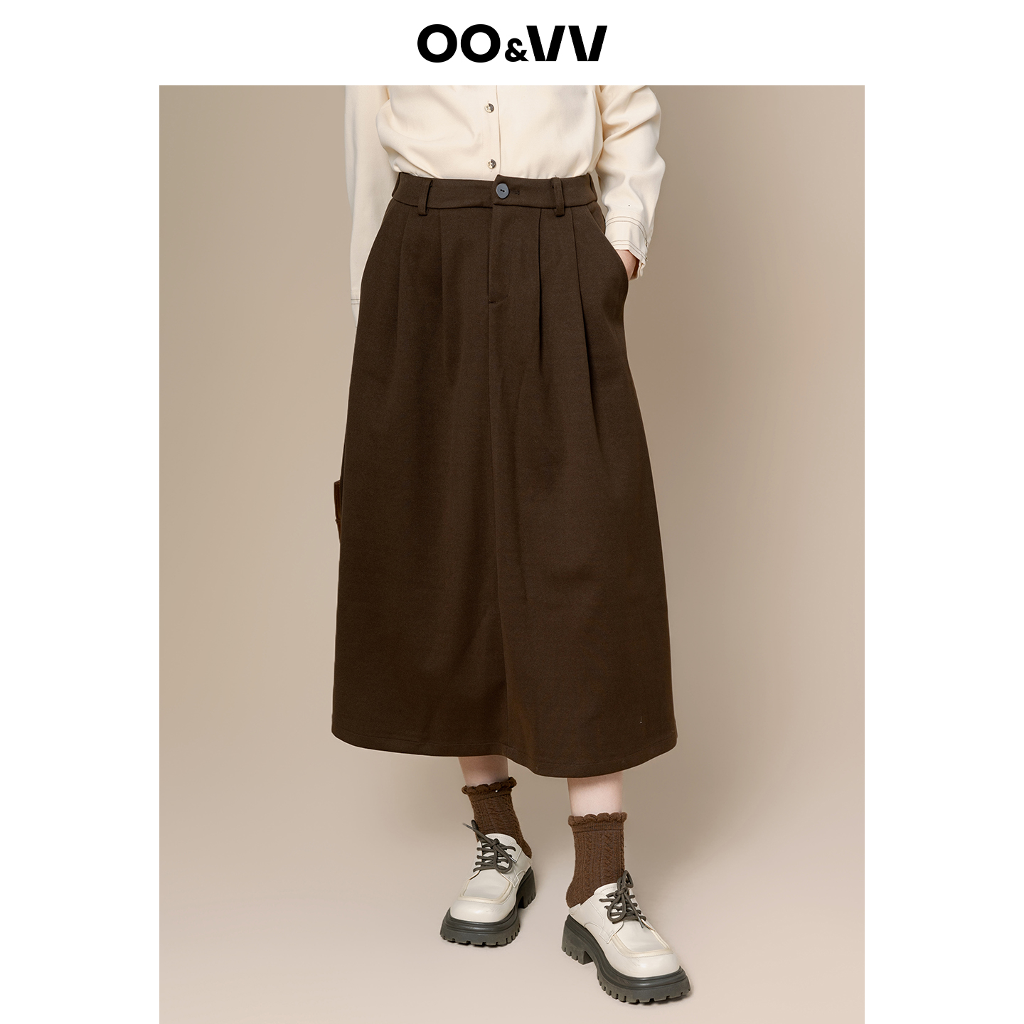 oo&vv通勤简约高腰a字半身裙25年冬新款百搭通勤毛呢褶皱中长裙女
