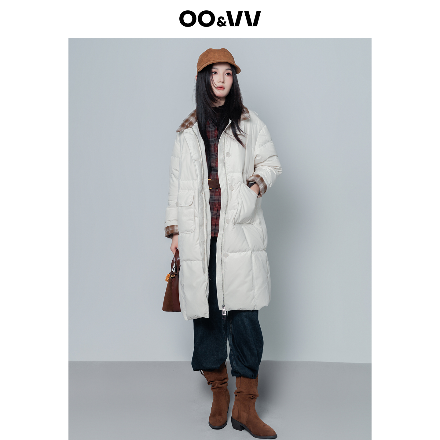 oo&vv翻领长款羽绒服女2025冬季保暖百搭外套宽松中长款鸭绒外套