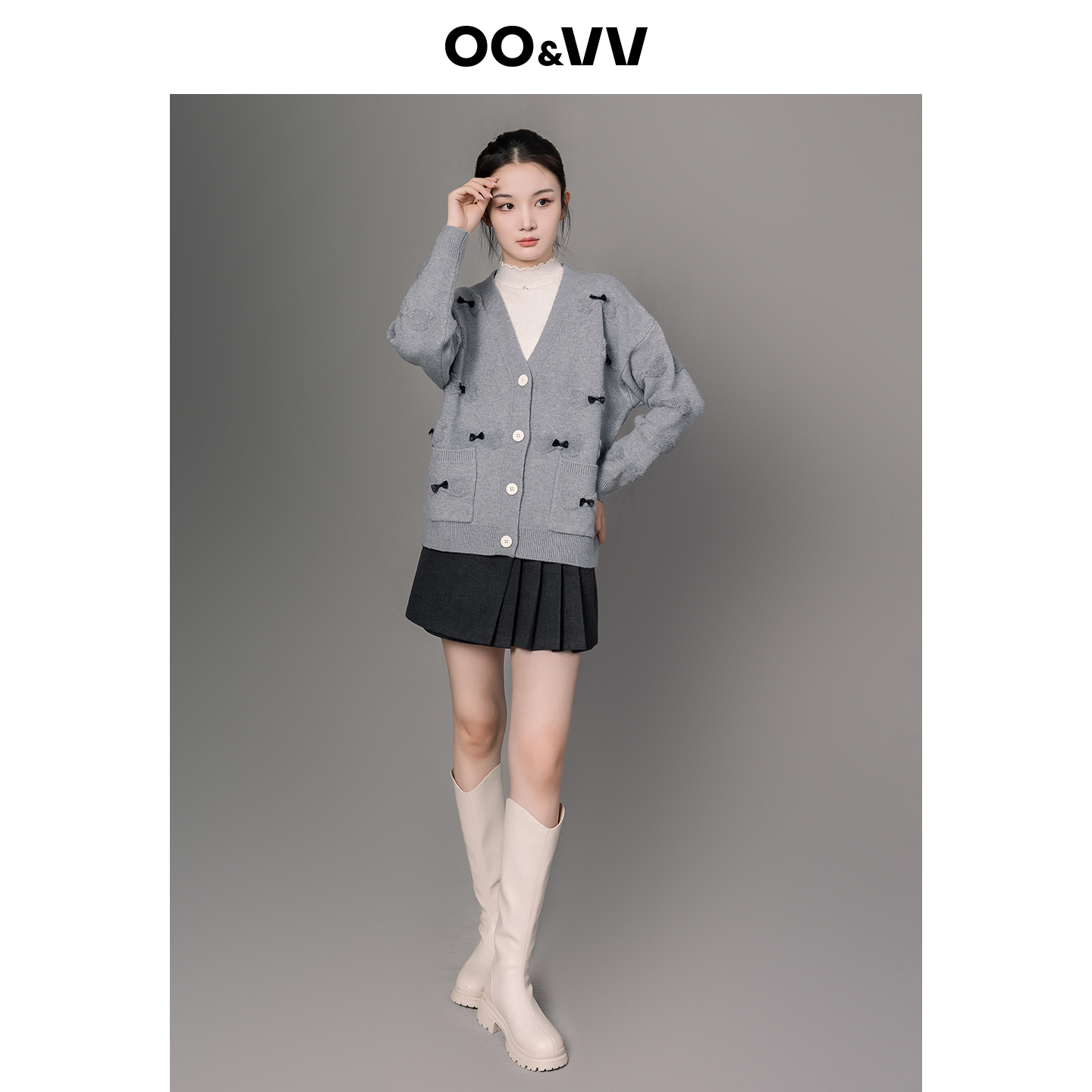 oo&vv蝴蝶结装饰针织开衫女2025秋冬新款柔软弹性V领毛衣外套上衣