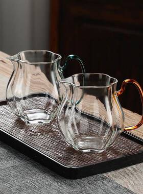 高硼硅透明玻璃绿色把手公道杯茶海分茶器断水利落花朵造型公杯