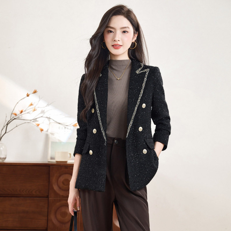 【时尚职业装小西服女】秋冬高级感亮丝小香风黑色双排扣西装外套