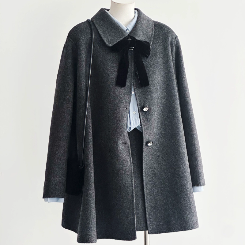 千金风灰色双面羊绒大衣女2025秋冬新款小个子中长款斗篷毛呢外套