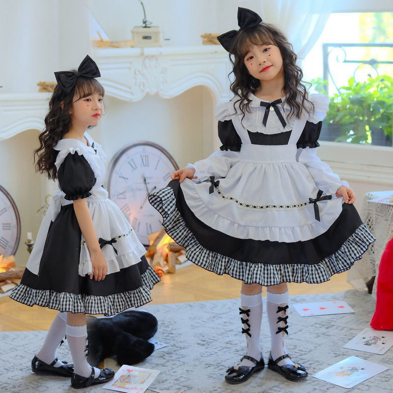 女童洛丽塔演出服裙童装仆装爱丽丝萝莉Lolita黑白格子长袖公主